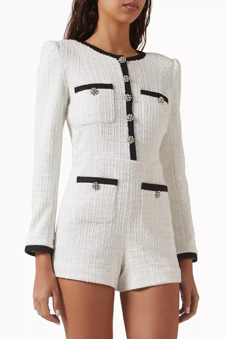 Alice + Olivia Shiloh Button Front Patch Pocket Tweed Romper White Black Size 10